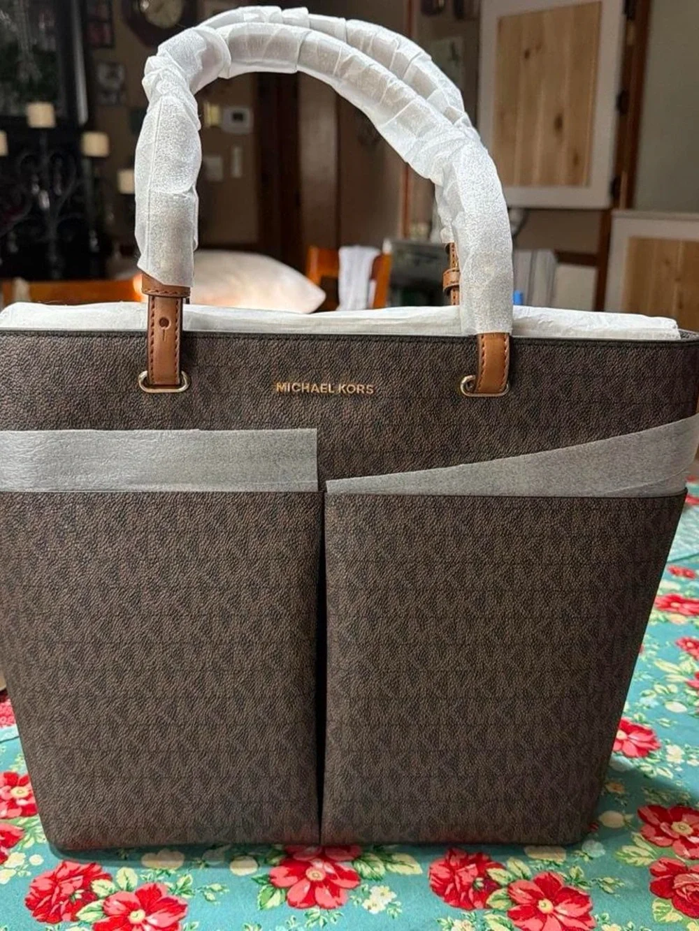 Michael Kors Brown Logo Tote with Tan Leather Trim